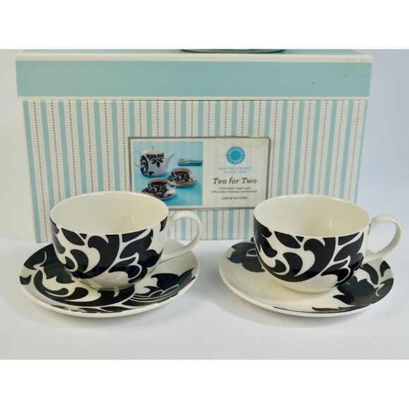 Martha Stewart Tea for Two Lisbon Black White Teapot Saucers Teacups NEW - Picture 3 of 7